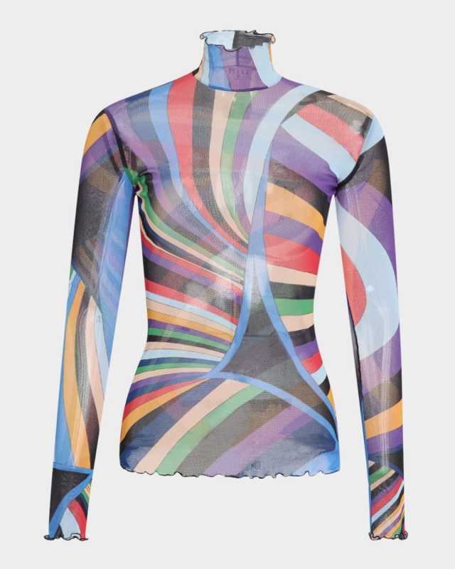 Turtleneck Iride-Print Tulle Long-Sleeve T-Shirt